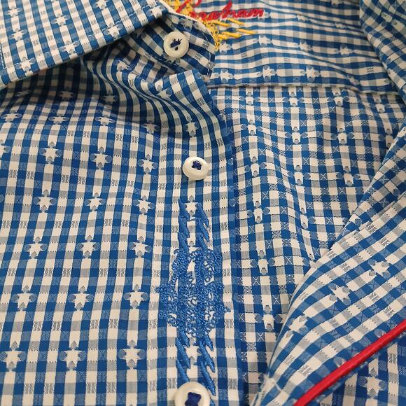 Robert Graham XL Flip Cuff Scrabble Tiles UNIQUE Blue/White Gingham Star Cotton - Picture 8 of 15